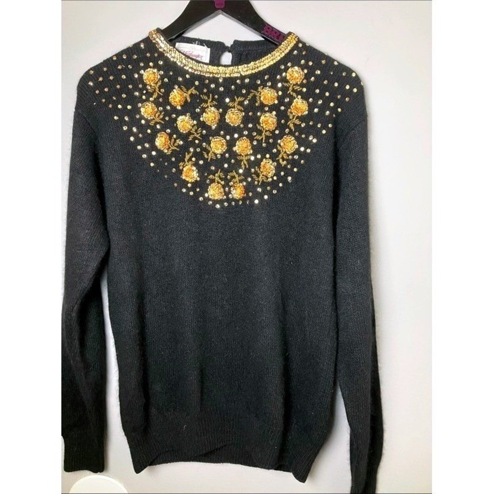 Vintage Worthington Black Angora Silk Beaded Sequin Sweater Medium Glam‎ Holiday
